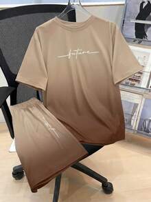 SHEIN 2pcs/Set Tween Boy Casual Minimalist Gradient English Print Short Sleeve Shirt And Shorts Set, Streetwear Preppy Style, Suitable For Spring And Summer - Khaki - View 4
