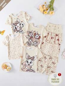 SHEIN 4件套女童圆领短袖短裤修身可爱兔子、爱心、蝴蝶结装饰柔软舒适睡衣，适合送给闺蜜或自己穿着 - 杏色 - 查看 1