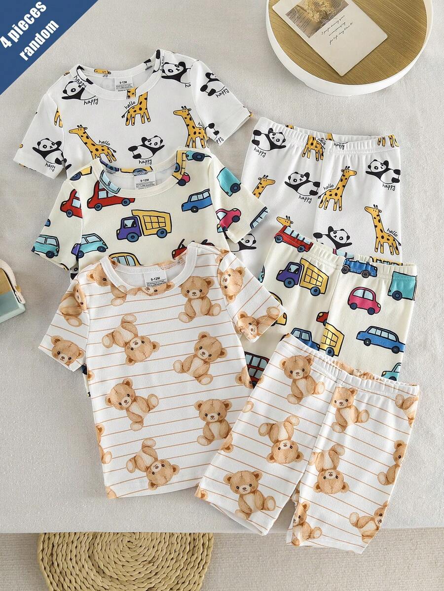 【随机3套,发2套】4件套婴幼儿男童休闲卡通汽车、小熊、熊猫印花短袖T恤和短裤四件套,修身款,春夏款 - 彩色 - 查看 1