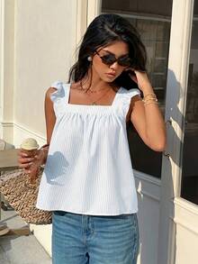 Serisse Women's Vacation Striped Square Neck Short Cap Sleeve Casual Shirt - Blue and White - View 6