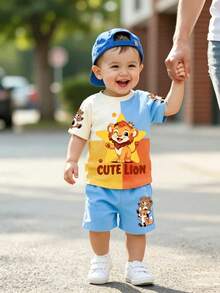 SHEIN Playful Pals 可愛男嬰2件組夏季套裝(6M-3Y)! 卡通T恤&短褲，適合拍照、節慶&禮物 - 杏色 - 查看 8