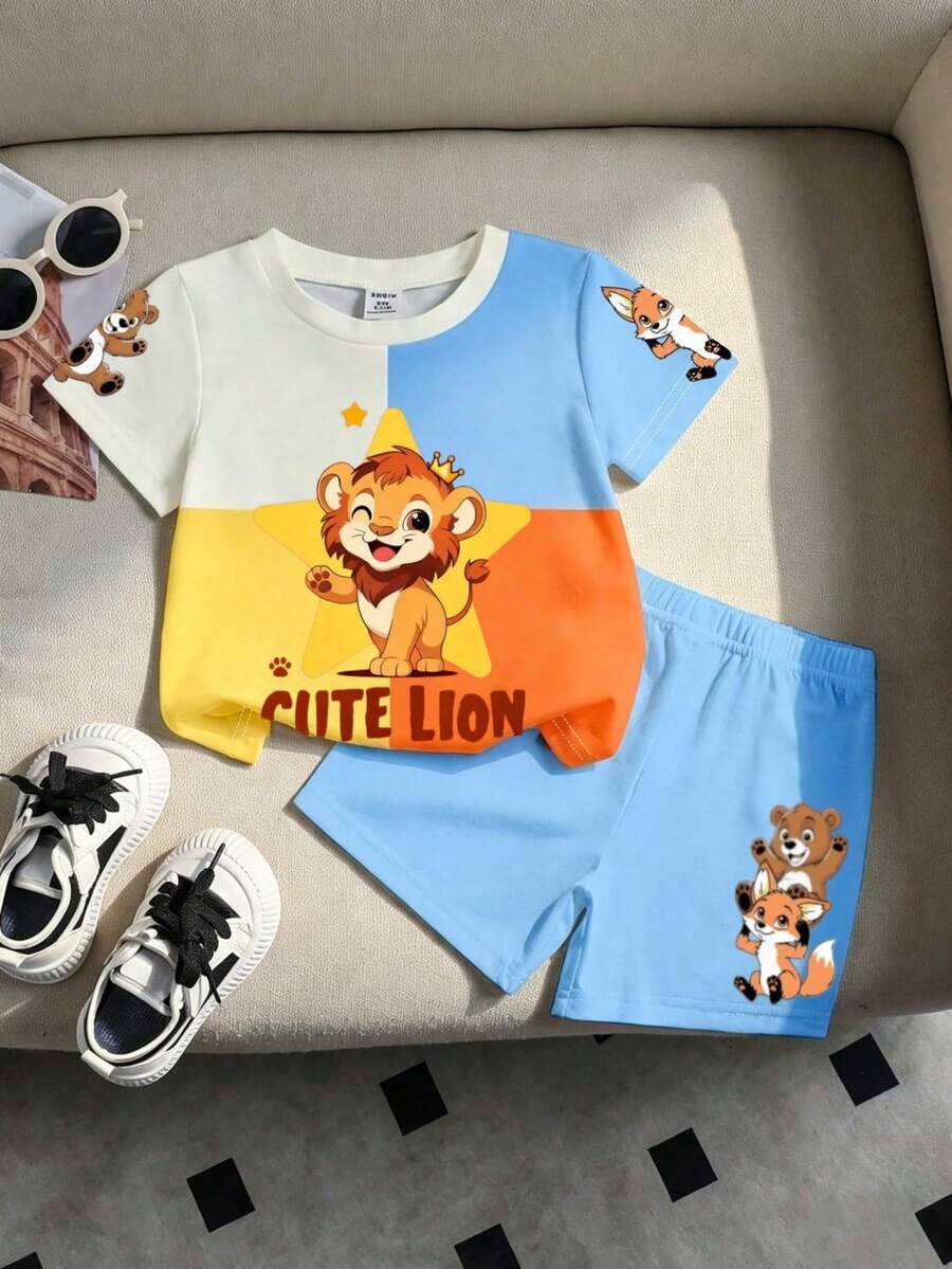 SHEIN Playful Pals 可愛男嬰2件組夏季套裝(6M-3Y)! 卡通T恤&短褲,適合拍照、節慶&禮物 - 杏色 - 查看 1