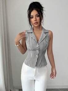 Elenzga Elegante gestreifte sexy Sommerweste für Damen, Urlaubslook - Schwarz und Weiss - Übersicht 4