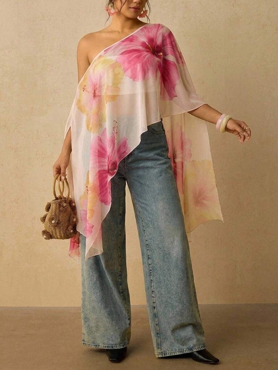 Travachic Plus Size Asymmetrical Collar Batwing Sleeve Tie-Dye Botanical Print Shirt - Multicolor - View 1