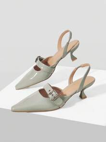 Mnmlis Patent Leather Pointed Toe Slingback Kitten Heel Sandals, French Commuter Temperament Shoes - Green - View 1
