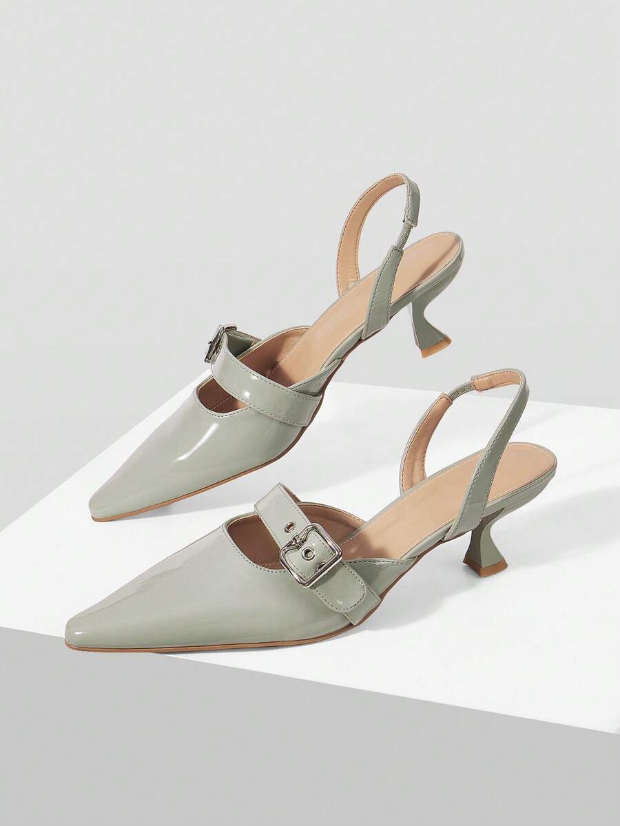 Mnmlis Patent Leather Pointed Toe Slingback Kitten Heel Sandals, French Commuter Temperament Shoes - Green - View 1
