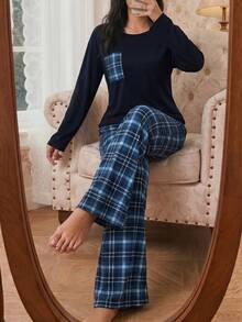 Modelyn 女士休闲宽松格子印花圆领睡衣套装，秋冬服装 - 藍色 - 查看 1