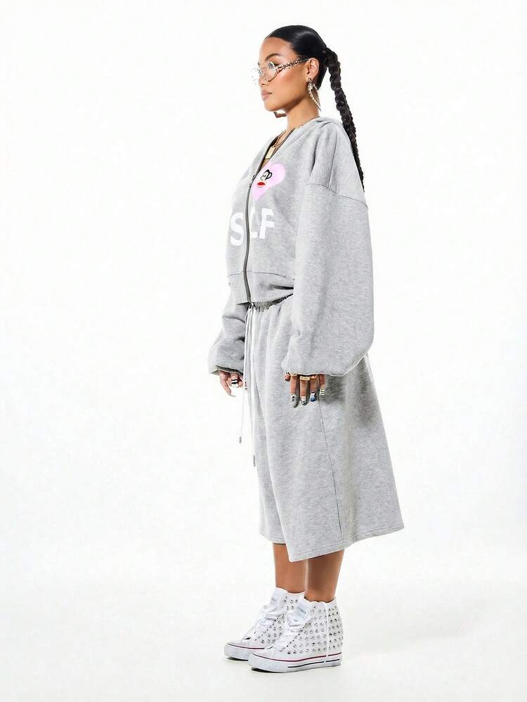 SUMWON X PAUL FRANK SUMWON WOMEN Monkey Graphic Wide Leg Fleece Shorts With Drawstring Waist And Bold Back Print