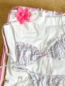 SHEIN Swim 女款兩件式泳衣套裝，花卉印花，綁帶後背，蕾絲飾邊，性感夏季海灘度假風 - 彩色 - 查看 3