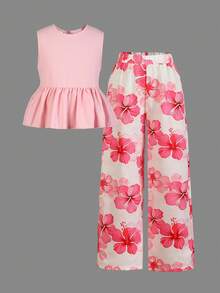2pcs/Set Conjunto de Verano para Niñas con Top sin Mangas con Volantes en la Espalda & Pantalones Largos con Lazo Estampado, Casual Versátil para Vacaciones, Salidas, Compras, Desplazamientos - Multicolor - Ver 3