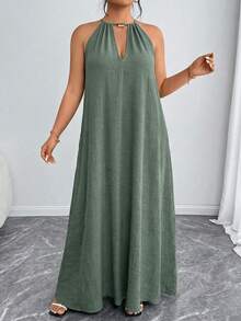 Elenzga Women's Fashion Elegant Solid Color Halter Neck Sleeveless Loose Plus Size Dress ValentinesRed New Year - Green - View 4