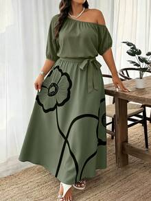 Weeklong Plus Size Women's Vacation Asymmetrical Shoulder Floral Print Elegant Dress - Multicolor - View 4