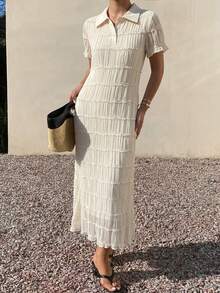 DAZY Summer Women's Elegant Style Lapel Contrast Color Striped Sweater Dress - White - View 6