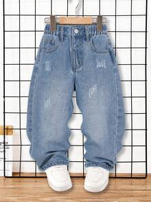 Genkimix Kids 男童牛仔長褲，復古懷舊水洗藍，無彈牛仔面料，經典腰帶鈕扣設計，磨損褪色處理，弧形褲腿款式，適合休閒、街頭風、四季、日常上學、戶外玩耍、家庭出遊及其他場合 - 中等水洗藍 - 查看 3