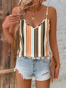 SHEIN Clasi Casual Minimalist Asymmetrical Colorful Striped All-Over Print Pattern V-Neck Loose Camisole Suitable For Summer Vacation Style - Multicolor - View 5
