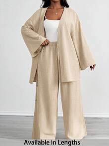 SHEIN PETITE CURVE 大尺碼女款休閒兩件套 前綁帶長袖上衣與長褲套裝 素色米色 適合海灘 正式場合 度假 商務 秋季穿搭 - 卡其色 - 查看 1