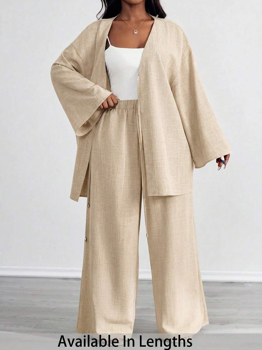 SHEIN PETITE CURVE 大尺碼女款休閒兩件套 前綁帶長袖上衣與長褲套裝 素色米色 適合海灘 正式場合 度假 商務 秋季穿搭 - 卡其色 - 查看 1