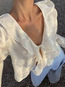 Livesso Apricot V-Neck Tie Waist Textured Fabric Women Shirt - Apricot - View 1