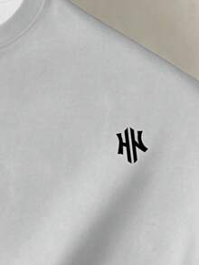Manfinity Joysei 男士大尺碼字母印花撞色短袖休閒T恤，度假風 - 灰色 - 查看 4