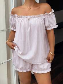 Dazy Plus Solid Color Chiffon Ruffle Trim Off-Shoulder Short Sleeve Loose Blouse Cute Elastic Waist Short Pajama Pants Plus Size Women Spring Summer Pajama Set - Apricot - View 7