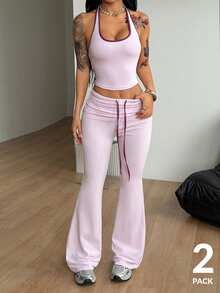 Coolane 女款春季街頭風休閒彈性圖案舒適灰色健身運動胸衣背心上衣與喇叭褲，2件組 - 彩色 - 查看 5