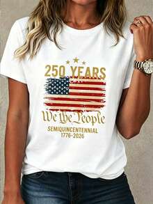 Resyla American Flag 250th Anniversary Women's Casual Short-Sleeve T-Shirt, A Summer Essential, Fashionable And T-Shirt, Suitable As A Gift For Siblings, Suitable As A Gift For Sisters, Suitable As A Gift For Mom, Mother's Day Gift, A Casual And Stylish Top. - White - View 3