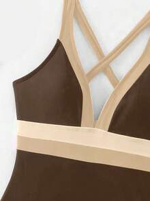 SHEIN Swim 女款度假風拼色時尚掛脖式一件式泳衣 - 彩色 - 查看 3