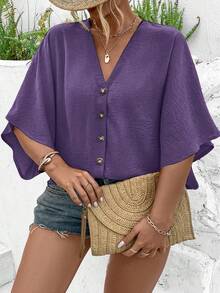 Ceyna Women's Plus Size Elegant Solid Color Textured Jacquard Fabric V-Neck Cap Sleeve Button Decor Beach Vacation Shirt 2025 Spring/Summer New Versatile - Purple - View 6