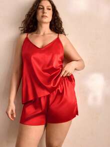 Charlaine Plus Contrast Lace Satin PJ Set / Pajama Set - Red - View 6