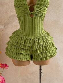 Soleia Women's Ruffle Hem Backless Halter Neck Romper - Green - View 5
