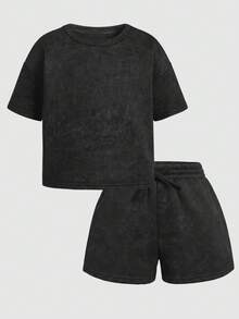 Young Girl Casual Daily Fashion Washed Round Neck Loose Top And Shorts Set - Dark Grey - View 5