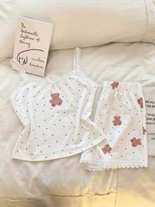 SHEIN Dozemod Kids Tween Girl Simple Floral Pattern Ribbon Bow Lace Trim Camisole Top And Shorts Black And White Polka Dot Slim Fit Pajama Set 2pcs Sleeping - White - View 6