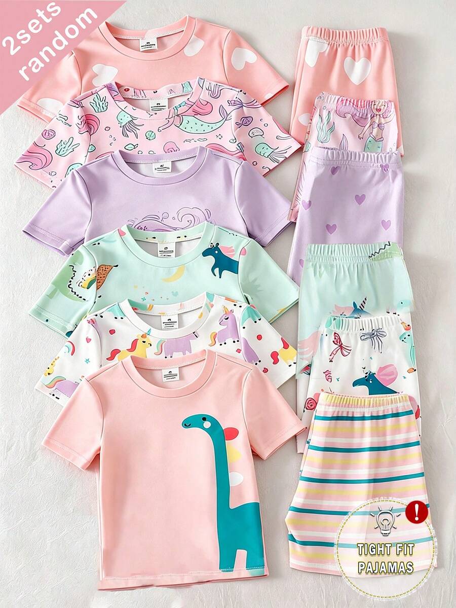 SHEIN 【2件套】女童独角兽卡通印花短袖短裤针织紧身睡衣家居服,随机发货 - 彩色 - 查看 1