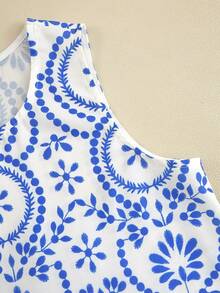 Florisole Women's Elegant Vacation Bohemian Blue Floral Print Wavy Ruffle Trim White Shirt - Multicolor - View 5