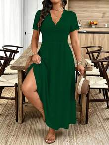 Breezaya Plus Size Women's Wavy Collar Fashion Commuter Long Dress - Dark Green - View 5