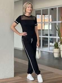 EMERY ROSE Conjunto de top de manga corta con malla de contraste y pantalones para mujeres de mediana edad y mayores - Negro - Ver 7
