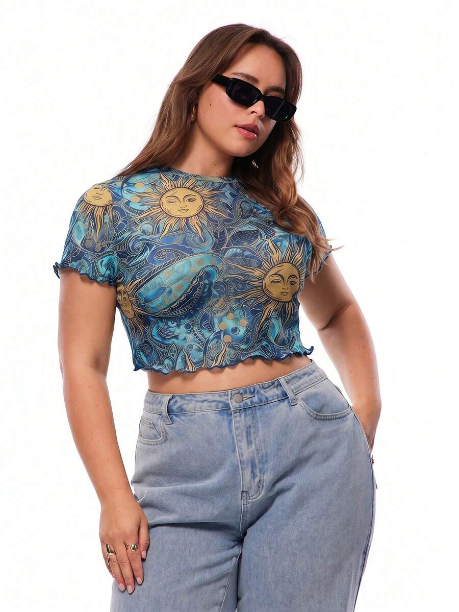 Solavibe Plus Size Women's All-Over Print Casual Versatile Daily Wear Short Sleeve Top - Blue - View 1