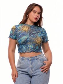 Solavibe Plus Size Women's All-Over Print Casual Versatile Daily Wear Short Sleeve Top - Blue - View 2