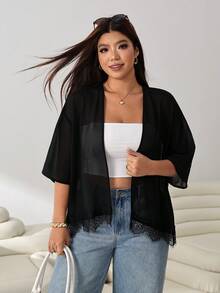 Solflare Plus Size Solid Color Minimalist Sheer Jacket - Black - View 5