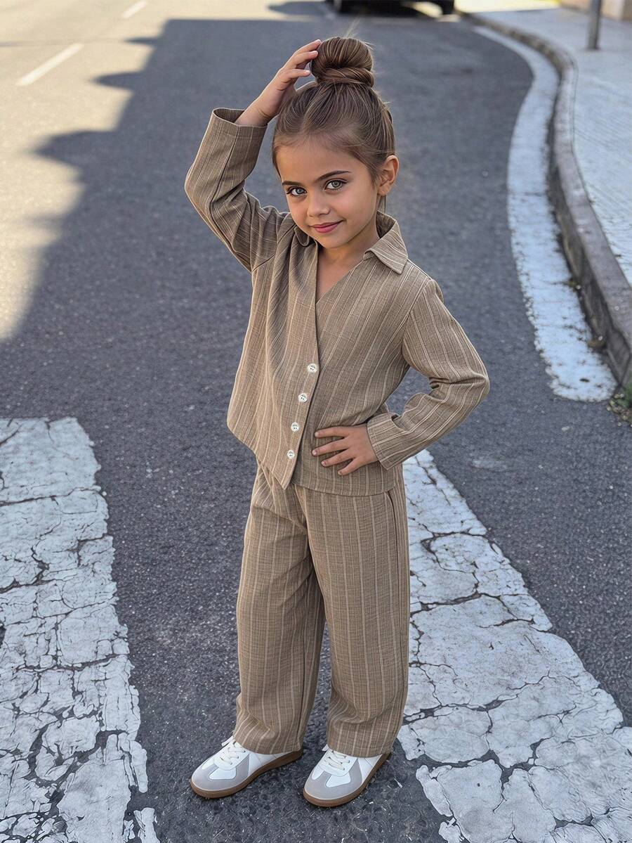 Hapijoa Asymmetric Lapel Design Shirt Casual Set + Straight Leg Pants Young Girls Shirt Set Fall - Khaki - View 1
