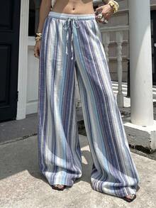 Glamine Women's High-Waist Striped Linen Wide Leg Pants, Beach Vacation Casual Countryside Style, Elegant And Natural, Random Floral Pattern, Summer Fall Women Clothes Back To School, Tall Women - Blue - View 5