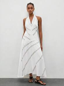 Maija Women's Long A-Line Halter Neck V-Neck Sleeveless Waist-Defining Fitted A-Line Vacation Dress - White - View 4