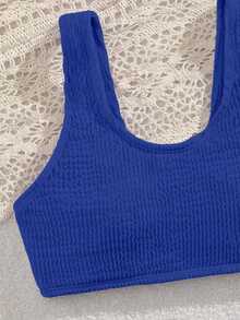 SHEIN Set Bikini untuk Anak Perempuan Remaja, Set Baju Renang Modis dan Sopan dari Kain Rajut Bergelombang, Cocok untuk Liburan, Berenang, dan Pantai Musim Panas - Royal Blue - View 3