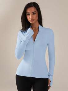 SHEIN BAE جاكيت رياضية طويلة الأكمام للنساء ذات لون أحادي، سحاب، متعددة الاستخدامات، للارتداء اليومي - أزرق فاتح اللون - مشاهدة 1