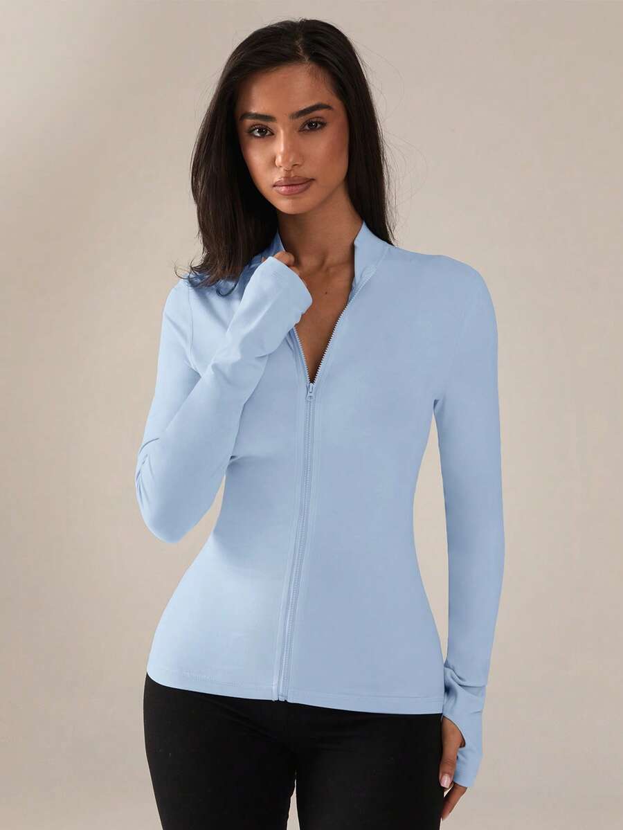 SHEIN BAE جاكيت رياضية طويلة الأكمام للنساء ذات لون أحادي، سحاب، متعددة الاستخدامات، للارتداء اليومي - أزرق فاتح اللون - مشاهدة 1
