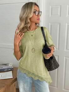 SHEIN LUNE Women's Casual Solid Color Ribbed Asymmetrical Hem Lace Patchwork Spring/Summer Daily Basic Outing T-Shirt Brunch Sage Green - Green - View 3