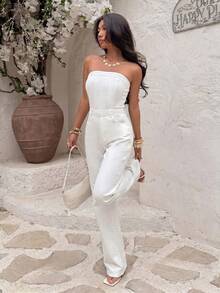 Sunnyshic Mono de mujer de unicolor con cremallera sin tirantes de mezclilla adecuado para usar en verano - Blanco - Ver 4
