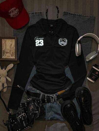 Attitoon Camiseta de manga larga con cuello vuelto, estilo universitario con estampado de insignia y número 23, ajuste ceñido, para otoño/invierno, color negro