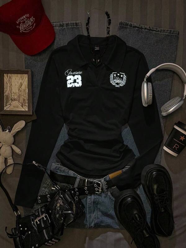 Attitoon Camiseta de manga larga con cuello vuelto, estilo universitario con estampado de insignia y número 23, ajuste ceñido, para otoño/invierno, color negro