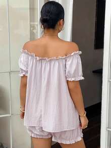 Dazy Plus Solid Color Chiffon Ruffle Trim Off-Shoulder Short Sleeve Loose Blouse Cute Elastic Waist Short Pajama Pants Plus Size Women Spring Summer Pajama Set - Apricot - View 8